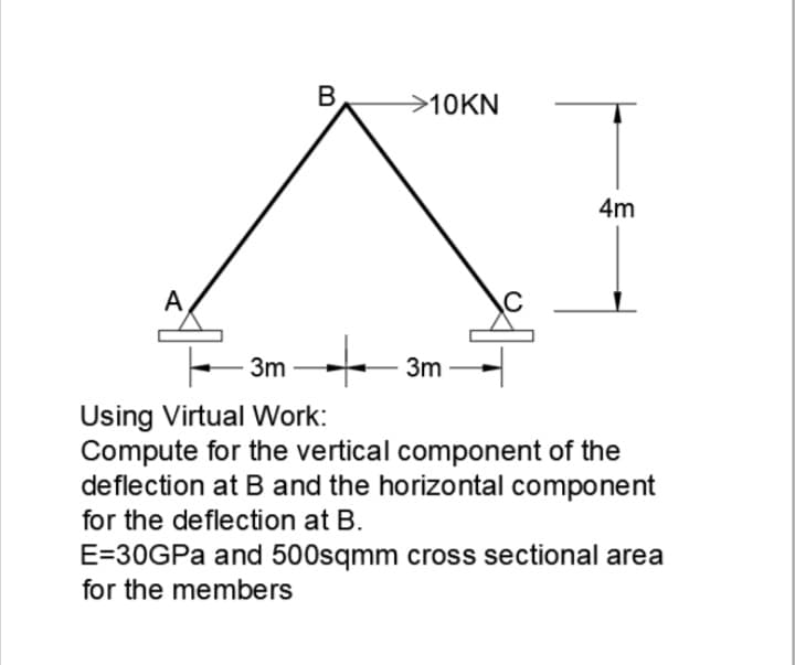 B
>10KN
4m
A
3m
3m
Using Virtual Work:
Compute for the vertical component of the
deflection at B and the horizontal component
for the deflection at B.
E=30GPA and 500sqmm cross sectional area
for the members
