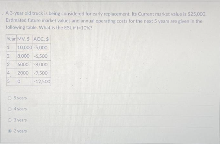 A 3-year old truck is being considered for early replacement. Its Current market value is $25,000.
Estimated future market values and annual operating costs for the next 5 years are given in the
following table. What is the ESL if i=10%?
Year MV, $ AOC, $
1 10,000-5,000
2 8,000 -6,500
3
6000 -8,000
4
2000 -9,500
0
-12,500
5
O 5 years
O 4 years
O 3 years
2 years