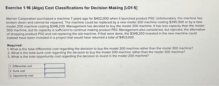 Exercise 1-16 (Algo) Cost Classifications for Decision Making [LO1-5]
Warner Corporation purchased a machine 7 years ago for $402,000 when it launched product P50. Unfortunately, this machine has
broken down and cannot be repaired. The machine could be replaced by a new model 300 machine costing $395,900 or by a new
model 200 machine costing $348,200. Management has decided to buy the model 200 machine. It has less capacity than the model
300 machine, but its capacity is sufficient to continue making product P50. Management also considered, but rejected, the alternative
of dropping product P50 and not replacing the old machine. If that were done, the $348,200 invested in the new machine could
instead have been invested in a project that would have returned a total of $453,000.
Required:
1. What is the total differential cost regarding the decision to buy the model 200 machine rather than the model 300 machine?
2. What is the total sunk cost regarding the decision to buy the model 200 machine rather than the model 300 machine?
3. What is the total opportunity cost regarding the decision to invest in the model 200 machine?
1. Differential cost
2. Sunk cost
3. Opportunity cost