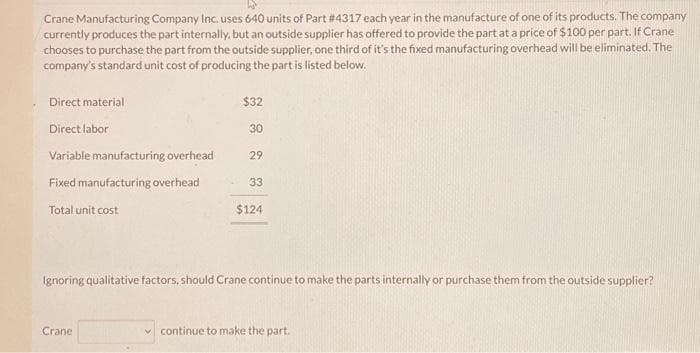 Crane Manufacturing Company Inc. uses 640 units of Part # 4317 each year in the manufacture of one of its products. The company
currently produces the part internally, but an outside supplier has offered to provide the part at a price of $100 per part. If Crane
chooses to purchase the part from the outside supplier, one third of it's the fixed manufacturing overhead will be eliminated. The
company's standard unit cost of producing the part is listed below.
Direct material
Direct labor
Variable manufacturing overhead
Fixed manufacturing overhead
Total unit cost
$32
30
29
33
Crane
$124
Ignoring qualitative factors, should Crane continue to make the parts internally or purchase them from the outside supplier?
✓ continue to make the part.
