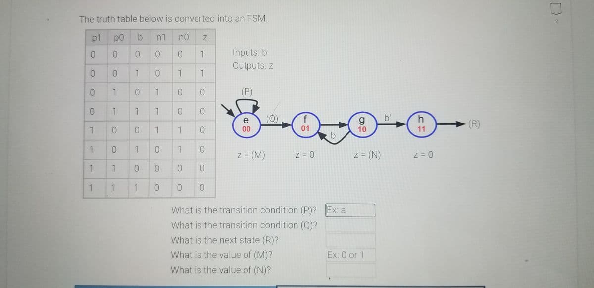 The truth table below is converted into an FSM.
p1
p0
n1
n0
0.
0.
1
Inputs: b
Outputs: z
0.
0.
1
1
1
1
1
(P)
1
1
1
(Q)
f
b'
h
e
00
(R)
1
1
1
01
10
11
1
1
Z = (M)
Z = 0
Z = (N)
Z = 0
1
1
What is the transition condition (P)? Ex: a
What is the transition condition (Q)?
What is the next state (R)?
What is the value of (M)?
Ex: 0 or 1
What is the value of (N)?
