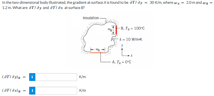 In the two-dimensional body illustrated, the gradient at surface A is found to be aT/ dy
1.2 m. What are ƏTay and Tax at surface B?
(ƏT/Əy) B
(ат/дх)в
= i
=
i
Insulation.
K/m
K/m
|
-B, TB = 100°C
k = 10 W/m-K
-A, TA = 0°C
30 K/m, where w
2.0 m and WB =