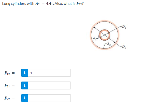 Long cylinders with A₂2 = 4A₁. Also, what is F22?
F12 = i
F21 =
F22 =
1
-D₁
-D₂