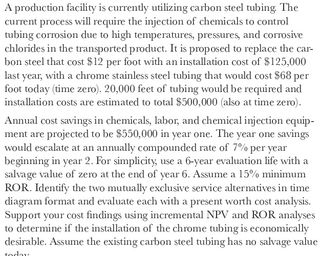 A production facility is currently utilizing carbon steel tubing. The
current process will require the injection of chemicals to control
tubing corrosion due to high temperatures, pressures, and corrosive
chlorides in the transported product. It is proposed to replace the car-
bon steel that cost $12 per foot with an installation cost of $125,000
last year, with a chrome stainless steel tubing that would cost $68 per
foot today (time zero). 20,000 feet of tubing would be required and
installation costs are estimated to total $500,000 (also at time zero).
Annual cost savings in chemicals, labor, and chemical injection equip-
ment are projected to be $550,000 in year one. The year one savings
would escalate at an annually compounded rate of 7% per year
beginning in year 2. For simplicity, use a 6-year evaluation life with a
salvage value of zero at the end of year 6. Assume a 15% minimum
ROR. Identify the two mutually exclusive service alternatives in time
diagram format and evaluate each with a present worth cost analysis.
Support your cost findings using incremental NPV and ROR analyses
to determine if the installation of the chrome tubing is economically
desirable. Assume the existing carbon steel tubing has no salvage value
today