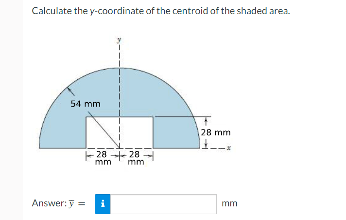 Calculate the y-coordinate of the centroid of the shaded area.
54 mm
28 mm
-28 28
mm
mm
Answer: y =
i
mm
