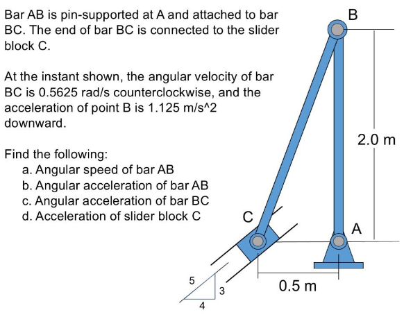 Bar AB is pin-supported at A and attached to bar
BC. The end of bar BC is connected to the slider
block C.
At the instant shown, the angular velocity of bar
BC is 0.5625 rad/s counterclockwise, and the
acceleration of point B is 1.125 m/s^2
downward.
Find the following:
a. Angular speed of bar AB
b. Angular acceleration of bar AB
c. Angular acceleration of bar BC
d. Acceleration of slider block C
50
4
3
C
0.5 m
B
2.0 m
A