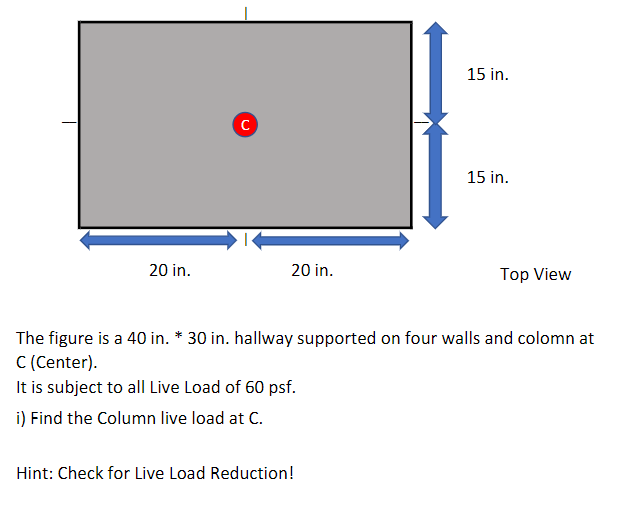 20 in.
C
20 in.
15 in.
Hint: Check for Live Load Reduction!
15 in.
Top View
The figure is a 40 in. * 30 in. hallway supported on four walls and colomn at
C (Center).
It is subject to all Live Load of 60 psf.
i) Find the Column live load at C.