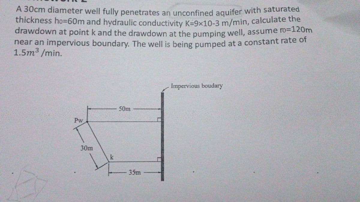 A 30cm diameter well fully penetrates an unconfined aquifer with saturated
thickness ho=60m and hydraulic conductivity K=9x10-3 m/min, calculate the
drawdown at point k and the drawdown at the pumping well, assume ro=120m
near an impervious boundary. The well is being pumped at a constant rate of
1.5m3 /min.
Impervious boudary
50m
Pw
30m
35m

