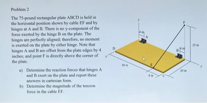 Problem 2
The 75-pound rectangular plate ABCD is held in
the horizontal position shown by cable EF and by
hinges at A and B. There is no y-component of the
force exerted by the hinge B on the plate. The
hinges are perfectly aligned; therefore, no moment
is exerted on the plate by either hinge. Note that
hinges A and B are offset from the plate edges by 4
inches; and point F is directly above the corner of
the plate.
a) Determine the reaction forces that hinges A
and B exert on the plate and report these
answers in cartesian form.
b) Determine the magnitude of the tension.
force in the cable EF.
30 in
4 in
A
8 in
B
14 in
20 in
25 in