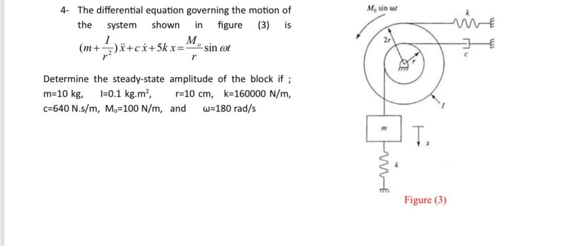 4- The differential equation governing the motion of
the system shown in figure (3) is
I
(m+- )x+cx+5kx=²
Mosin ot
r
Determine the steady-state amplitude of the block if ;
m=10 kg, I=0.1 kg.m², r=10 cm, k=160000 N/m,
c=640 N.s/m, M.-100 N/m, and w=180 rad/s
Mo sin cot
2r
m
Ţ.
Figure (3)
nive