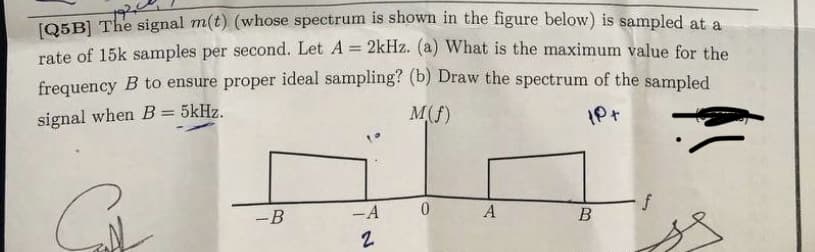 1920
[Q5B] The signal m(t) (whose spectrum is shown in the figure below) is sampled at a
rate of 15k samples per second. Let A = 2kHz. (a) What is the maximum value for the
frequency B to ensure proper ideal sampling? (b) Draw the spectrum of the sampled
signal when B = 5kHz.
M(f)
1P+
-B
-A
2
0
A
B