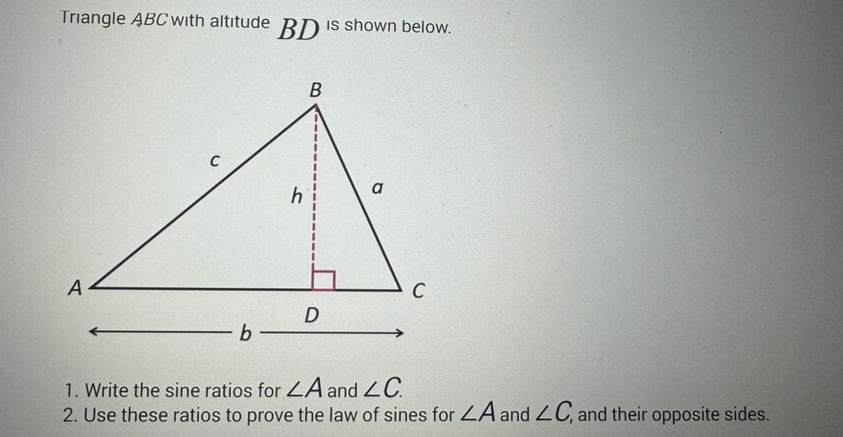 Triangle ABC with altitude BD is shown below.
A-
C
b
h
B
D
a
C
1. Write the sine ratios for LA and C
2. Use these ratios to prove the law of sines for ZA and ZC, and their opposite sides.