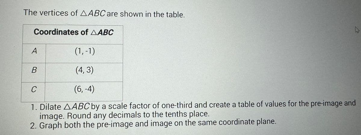 The vertices of AABC are shown in the table.
Coordinates of AABC
A
(1, -1)
(4,3)
C
(6,-4)
1. Dilate AABC by a scale factor of one-third and create a table of values for the pre-image and
image. Round any decimals to the tenths place.
2. Graph both the pre-image and image on the same coordinate plane.
A
B