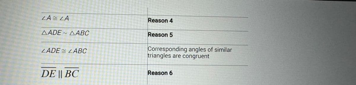 ZA LA
AADE~ AABC
LADE LABC
DE || BC
Reason 4
Reason 5
Corresponding angles of similar
triangles are congruent
Reason 6
