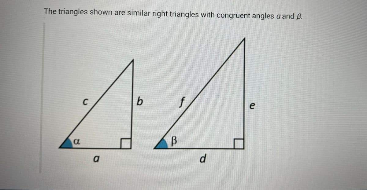 The triangles shown are similar right triangles with congruent angles a and B.
44