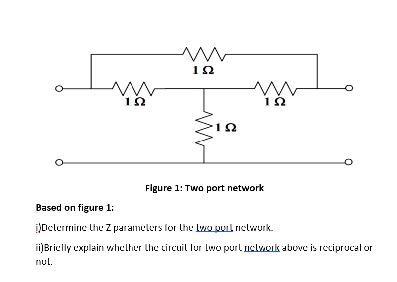 1Ω
1Ω
Figure 1: Two port network
Based on figure 1:
i)Determine the Z parameters for the two port network.
ii)Briefly explain whether the circuit for two port network above is reciprocal or
not.
