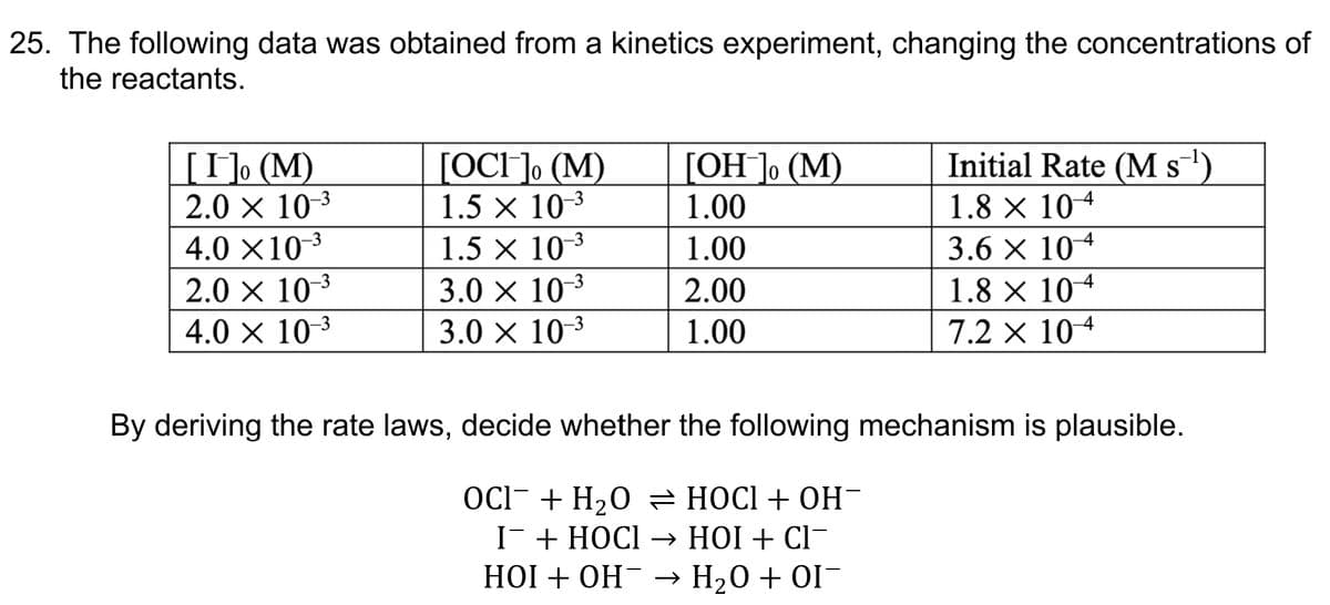 25. The following data was obtained from a kinetics experiment, changing the concentrations of
the reactants.
[I]o (M)
2.0 × 10-3
[OC] (M)
[OH] (M)
Initial Rate (M s¹)
1.5 × 10-3
1.00
1.8 × 104
4.0 ×10-3
1.5 × 10-3
1.00
3.6 × 104
2.0 × 10-3
3.0 × 10-3
2.00
1.8 × 104
4.0 × 10-3
3.0 × 10-3
1.00
7.2 × 104
By deriving the rate laws, decide whether the following mechanism is plausible.
OCI¯ + H2O = HOCI + OH¯
I¯ + HOCI → HOI + Cl¯
HOI + OH → H₂O + OI¯