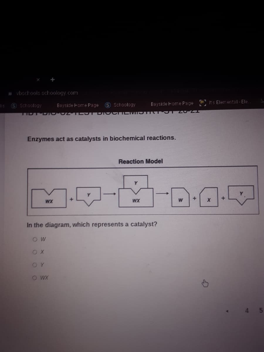 vbschools schoology.com
O Schoology
9 Schoology
Bayside Fome Page
Its Elemental - Ele
Eayside Home Page
Enzymes act as catalysts in biochemical reactions.
Reaction Model
WX
WX
In the diagram, which represents a catalyst?
OY
OWX
