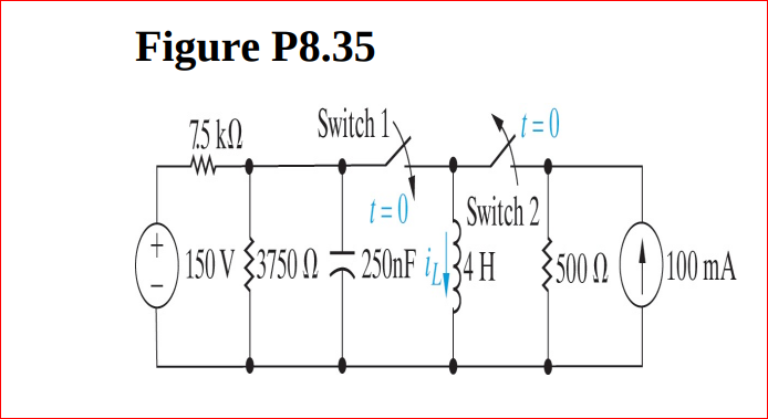 Figure P8.35
75 k.
Switch 1v
,t=D0
Switch 2
t.
150 V $3750 N 2501F İ34H
5000 (1 0mA

