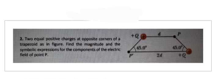 2. Two equal positive charges at opposite corners of a
trapezoid as in figure. Find the magnitude and the
symbolic expressions for the components of the electric
field of point P.
+Q
P
45.0°
2d
45.0
+Q
