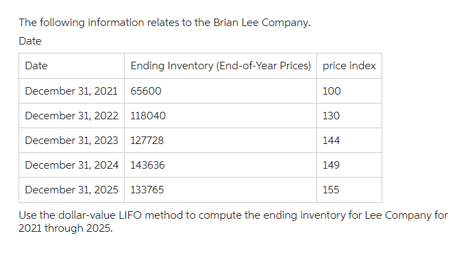 The following information relates to the Brian Lee Company.
Date
Date
Ending Inventory (End-of-Year Prices) price index
December 31, 2021
65600
100
December 31, 2022
118040
130
December 31, 2023 127728
December 31, 2024 143636
December 31, 2025 133765
Use the dollar-value LIFO method to compute the ending inventory for Lee Company for
2021 through 2025.
144
149
155