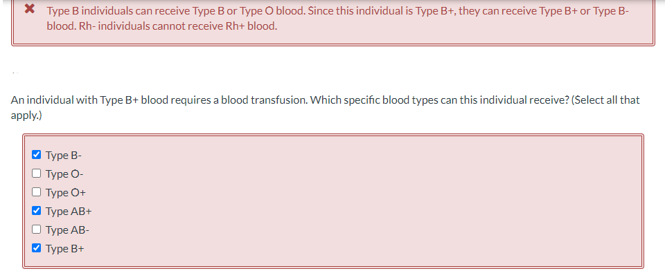 * Type B individuals can receive Type B or Type O blood. Since this individual is Type B+, they can receive Type B+ or Type B-
blood. Rh-individuals cannot receive Rh+ blood.
An individual with Type B+ blood requires a blood transfusion. Which specific blood types can this individual receive? (Select all that
apply.)
Type B-
Type O-
Type O+
Type AB+
Туре АВ-
Type B+