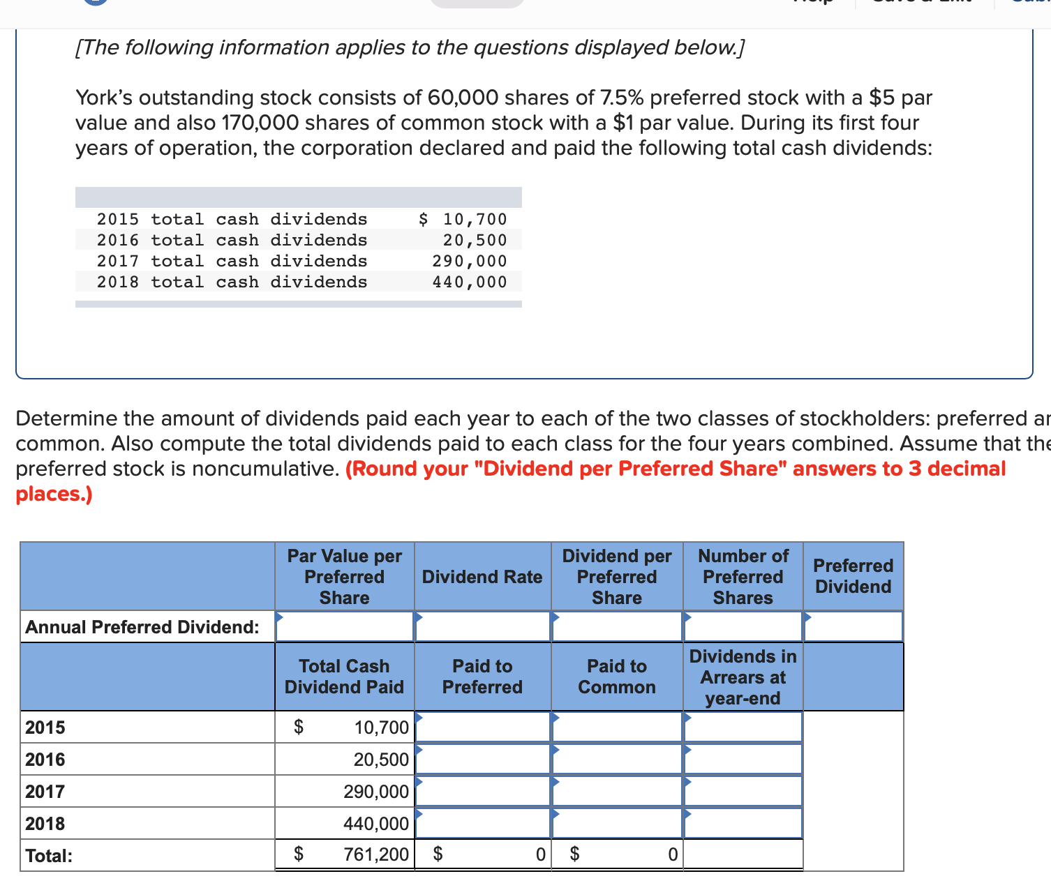 [The following information applies to the questions displayed below.]
York's outstanding stock consists of 60,000 shares of 7.5% preferred stock with a $5 par
value and also 170,000 shares of common stock with a $1 par value. During its first four
years of operation, the corporation declared and paid the following total cash dividends:
$ 10,700
20,500
290,000
440,000
2015 total cash dividends
2016 total cash dividends
2017 total cash dividends
2018 total cash dividends
Determine the amount of dividends paid each year to each of the two classes of stockholders: preferred ar
common. Also compute the total dividends paid to each class for the four years combined. Assume that the
preferred stock is noncumulative. (Round your "Dividend per Preferred Share" answers to 3 decimal
places.)
Par Value per
Preferred
Share
Dividend per
Preferred
Share
Number of
Preferred
Dividend Rate
Preferred
Dividend
Shares
Annual Preferred Dividend:
Dividends in
Total Cash
Paid to
Preferred
Paid to
Arrears at
Dividend Paid
Common
year-end
2015
10,700
2016
20,500
2017
290,000
2018
440,000
Total:
761,200 $
