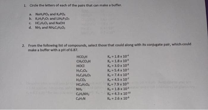 1. CGrcle the letters of each of the pairs that can make a buffer.
a. NaH;PO, and KPO.
b. KaH;P;O, and LiH,P;O,
C. HCH,O2 and NaOH
d. NH, and NH.C;H,O;
2. From the following list of compounds, select those that could along with its conjugate pair, which could
make a buffer with a pH of 6.87.
K, - 1.8 x 10
K, - 1.8 x 10
K, = 3.0 x 10
K. = 5.4 x 10
K. = 7.4 x 104
K, = 4.5 x 107
HCO,H
CH,CO,H
HOCI
H;CO,
HCH,O
K,= 7.9 x 10
Ks = 1.8 x 10
NH,
K = 4.3 x 1010
K = 2.6 x 10
CHSNH2
CoH,N

