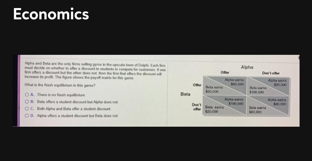 Economics
Alpha and Beta are the only firms selling gyros in the upscale town of Delphi. Each firm
must decide on whether to offer a discount to students to compete for customers. If one
firm offers a discount but the other does not then the firm that offers the discount will
increase its profit. The figure shows the payoff matrix for this game.
Alpha
Offer
Don't offer
Alpha eams
S60,000
Alpha eams
$20,000
What is the Nash equilibrium in this game?
Offer
Bota earns
$60,000
Bota earns
$100.000
O A. There is no Nash equilibrium
Beta
Alpha earns
$100.000
Alpha earms
$80,000
O B. Beta offers a student discount but Alpha does not
Don't
OC. Both Alpha and Beta offer a student discount
Beta eams
$20,000
Beta earns
$80,000
offer
O D. Alpha offers a student discount but Beta does not
