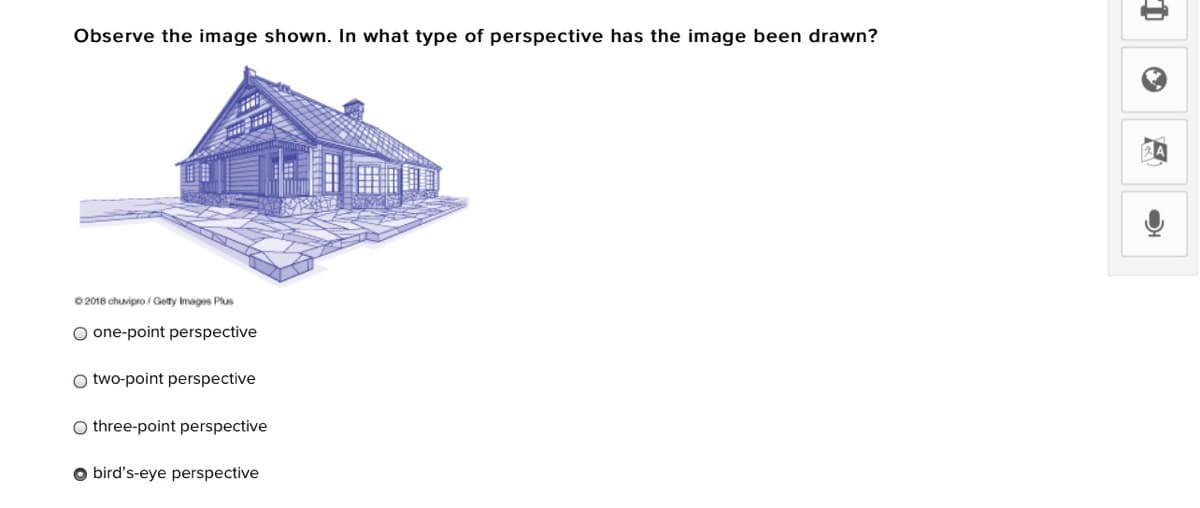 Observe the image shown. In what type of perspective has the image been drawn?
0 2018 chuvipro / Getty Images Plus
O one-point perspective
O two-point perspective
O three-point perspective
O bird's-eye perspective

