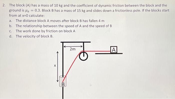 2. The block (A) has a mass of 10 kg and the coefficient of dynamic friction between the block and the
ground is μ = 0.3. Block B has a mass of 15 kg and slides down a frictionless pole. If the blocks start
from at x=0 calculate:
a. The distance block A moves after block B has fallen 4 m
b. The relationship between the speed of A and the speed of B
c. The work done by friction on block A
d. The velocity of block B.
B
2m
A