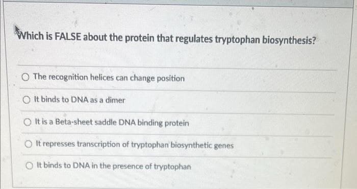 Which is FALSE about the protein that regulates tryptophan biosynthesis?
O The recognition helices can change position
O It binds to DNA as a dimer
O It is a Beta-sheet saddle DNA binding protein
O It represses transcription of tryptophan biosynthetic genes
O It binds to DNA in the presence of tryptophan
