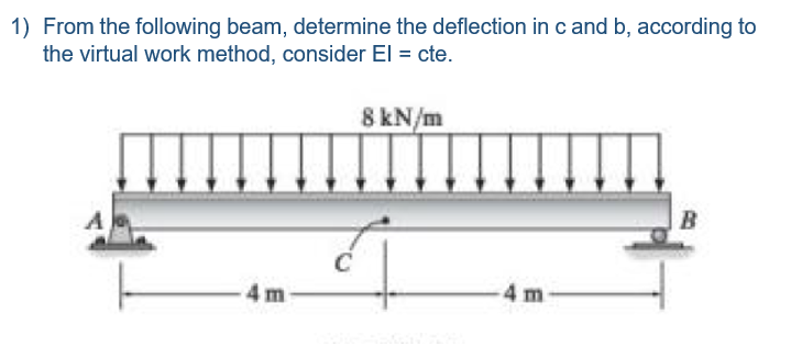 1) From the following beam, determine the deflection in c and b, according to
the virtual work method, consider El = cte.
8 kN/m
B
4 m-
-4 m
