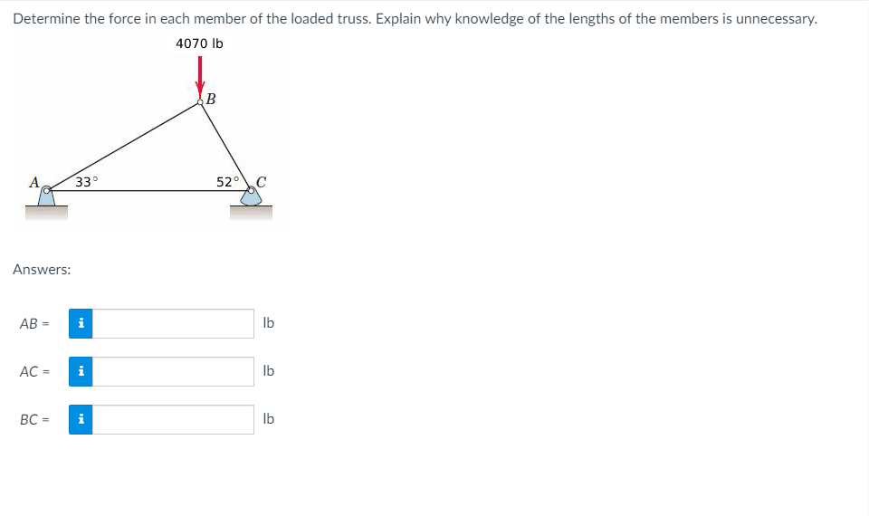 Determine the force in each member of the loaded truss. Explain why knowledge of the lengths of the members is unnecessary.
4070 Ib
33°
52°C
Answers:
AB =
i
Ib
AC =
i
Ib
BC =
Ib
