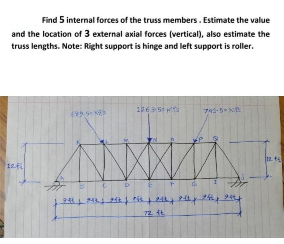 Find 5 internal forces of the truss members. Estimate the value
and the location of 3 external axial forces (vertical), also estimate the
truss lengths. Note: Right support is hinge and left support is roller.
12ft
689.50 kifs
1263-50 kifs
C
ANA
E
F
741-5° kit
G₁
I
j gft | gft | gft | gft | gft | gft, oft, gft,
72 ft
12 ft