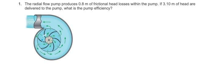 1. The radial flow pump produces 0.8 m of frictional head losses within the pump. If 3.10 m of head are
delivered to the pump, what is the pump efficiency?