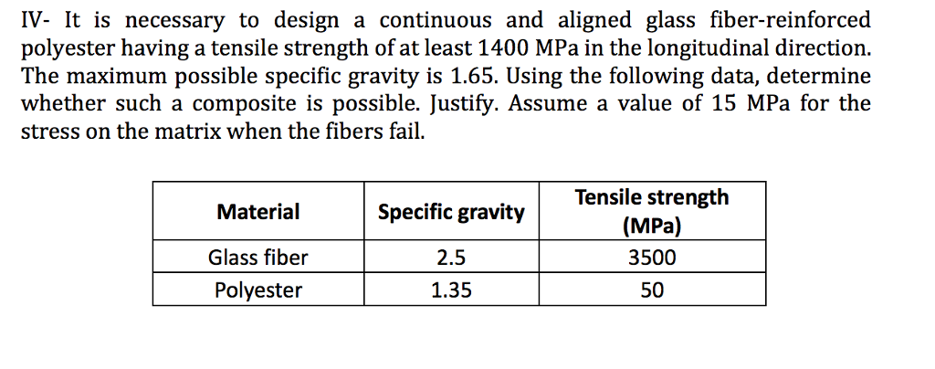 IV- It is necessary to design a continuous and aligned glass fiber-reinforced
polyester having a tensile strength of at least 1400 MPa in the longitudinal direction.
The maximum possible specific gravity is 1.65. Using the following data, determine
whether such a composite is possible. Justify. Assume a value of 15 MPa for the
stress on the matrix when the fibers fail.
Material
Glass fiber
Polyester
Specific gravity
2.5
1.35
Tensile strength
(MPa)
3500
50