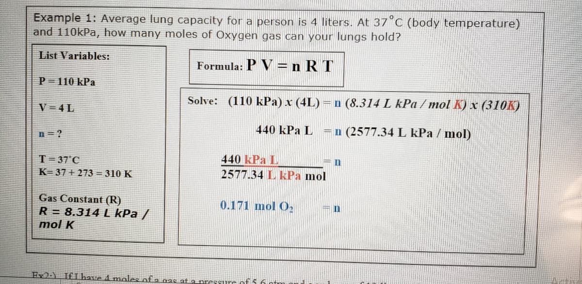 Example 1: Average lung capacity for a person is 4 liters. At 37°C (body temperature)
and 110kPa, how many moles of Oxygen gas can your lungs hold?
List Variables:
Formula: P V =n R T
P = 110 kPa
Solve: (110 kPa) x (4L) = n (8.314 L kPa / mol K) x (310K)
V 4L
440 kPa L
=n (2577.34 L kPa / mol)
n = ?
440 kPa L
2577.34 L kPa mol
T= 37°C
In
K= 37 + 273 = 310 K
Gas Constant (R)
0.171 mol O,
In
R = 8.314 L kPa /
mol K
Ex2-) IfI have 4 moles of a gas at a pressur
