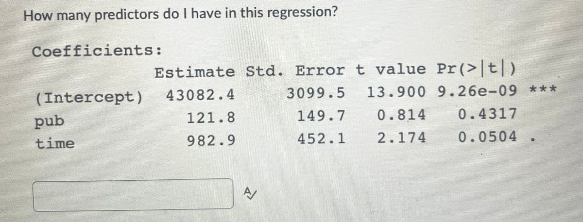 How many predictors do I have in this regression?
Coefficients:
(Intercept)
pub
time
Estimate Std. Error t value Pr(>|t|)
43082.4
3099.5
149.7
452.1
121.8
982.9
고
13.900 9.26e-09 ***
0.814
0.4317
2.174
0.0504.