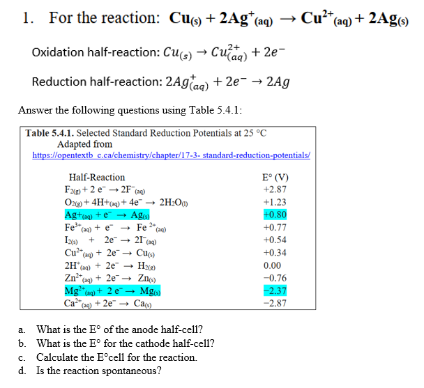 1. For the reaction: Cus) + 2Ag+ (aq) →
2+
Oxidation half-reaction: Cu(s) → Cuaq) + 2e¯
+
Reduction half-reaction: 2Agaq) +2e → 2Ag
Answer the following questions using Table 5.4.1:
Table 5.4.1. Selected Standard Reduction Potentials at 25 °C
Adapted from
https://opentextb_c.ca/chemistry/chapter/17-3-
Half-Reaction
F2)+2 e2F¯(aq)
O2(g) + 4H+ (aq) + 4e¯ → 2H₂O)
Ag+(aq) + e → Ag(s)
→
Fe 2+
(aq)
Fe³+ (aq) + e
12(1) + 2e™
21 (24)
Cu²+ (aq) + 2e
Cu(s)
-
2H*(aq) + 2e H₂0)
+ 2e → Zn(s)
Zn² (29)
Mg2 (aq) + 2 e→→ MgG)
Ca²+ (aq) + 2e →→ Ca(s)
a.
What is the Eº of the anode half-cell?
b. What is the E° for the cathode half-cell?
c. Calculate the Eᵒcell for the reaction.
d. Is the reaction spontaneous?
Cu²+ (aq) + 2Ag(s)
standard-reduction-potentials/
E° (V)
+2.87
+1.23
+0.80
+0.77
+0.54
+0.34
0.00
-0.76
-2.37
-2.87