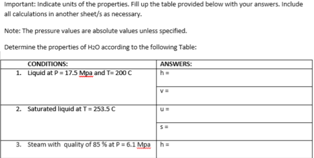 Important: Indicate units of the properties. Fill up the table provided below with your answers. Include
all calculations in another sheet/s as necessary.
Note: The pressure values are absolute values unless specified.
Determine the properties of H20 according to the following Table:
CONDITIONS:
ANSWERS:
h=
1. Liquid at P = 17.5 Mpa and T= 200 C
2. Saturated liquid at T= 253.5 C
S=
3. Steam with quality of 85 % at P = 6.1 Mpa
h =
