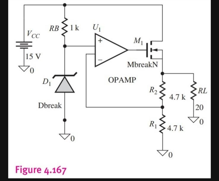 Vcc
15 V
RB
D₁
Dbreak
Figure 4.167
1k
0
U₁
+
M₁
MbreakN
OPAMP
R₂
R₁
4.7 k
4.7 k
0
RL
20
0