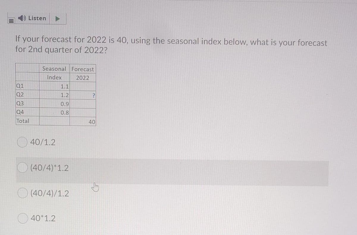 Listen
If your forecast for 2022 is 40, using the seasonal index below, what is your forecast
for 2nd quarter of 2022?
Seasonal Forecast
Index
2022
Q1
1.1
Q2
1.2
Q3
0.9
Q4
0.8
Total
40
40/1.2
(40/4)*1.2
O (40/4)/1.2
40*1.2
