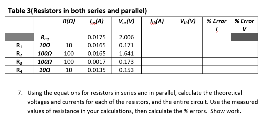 Table 3(Resistors in both series and parallel)
R(Q) ¡ex(A) Vex(V)
R₁
R₂
R3
R4
Reg
10Ω
10
1000 100
100Ω
100
10Ω
10
0.0175
0.0165
0.0165
0.0017
0.0135
2.006
0.171
1.641
0.173
0.153
ith(A)
Vth(V) % Error
į
% Error
V
7. Using the equations for resistors in series and in parallel, calculate the theoretical
voltages and currents for each of the resistors, and the entire circuit. Use the measured
values of resistance in your calculations, then calculate the % errors. Show work.