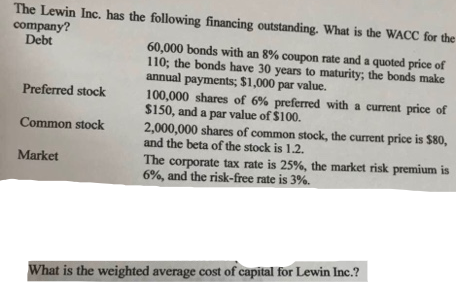 The Lewin Inc. has the following financing outstanding. What is the WACC for the
company?
Debt
60,000 bonds with an 8% coupon rate and a quoted price of
110; the bonds have 30 years to maturity; the bonds make
annual payments; $1,000 par value.
100,000 shares of 6% preferred with a current price of
$150, and a par value of $100.
2,000,000 shares of common stock, the current price is $80,
and the beta of the stock is 1.2.
The corporate tax rate is 25%, the market risk premium is
6%, and the risk-free rate is 3%.
Preferred stock
Common stock
Market
What is the weighted average cost of capital for Lewin Inc.?

