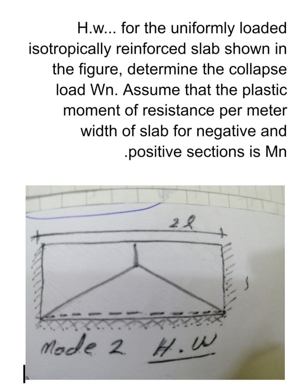 H.w... for the uniformly loaded
isotropically reinforced slab shown in
the figure, determine the collapse
load Wn. Assume that the plastic
moment of resistance per meter
width of slab for negative and
.positive sections is Mn
28
Mode 2 H. W