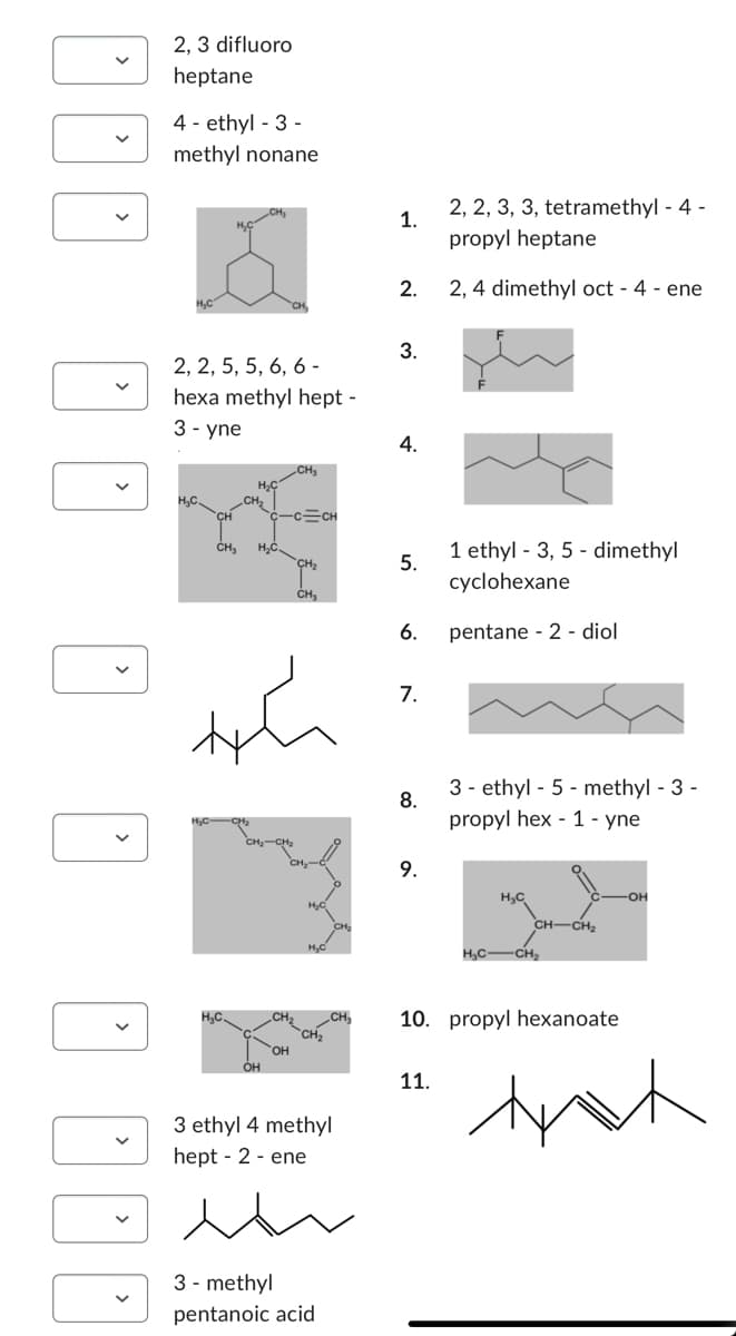 DOD
DO
DOD
2, 3 difluoro
heptane
4- ethyl-3-
methyl nonane
2, 2, 5, 5, 6, 6-
hexa methyl hept -
3 - yne
H₂C
CH₂ H₂C.
OH
.CH,
OH
-C-CH
CH₂
th
CH₂
-CH₂
3 ethyl 4 methyl
hept - 2 - ene
un
3-methyl
pentanoic acid
1.
2.
3.
4.
5.
6.
7.
8.
9.
2, 2, 3, 3, tetramethyl-4-
propyl heptane
2, 4 dimethyl oct - 4 - ene
11.
1 ethyl-3, 5-dimethyl
cyclohexane
pentane 2 diol
3-ethyl-5-methyl-3-
propyl hex 1 - yne
H₂C
CH-CH₂
H₂C-CH₂
10. propyl hexanoate
OH
tot