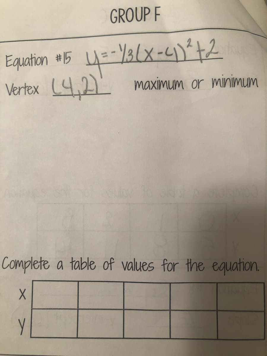 GROUP F
4=-Y3(X-4)É+2
Vertex (4,2) maximum or minimum
Equation #15
Complete a table of values for the equation.
