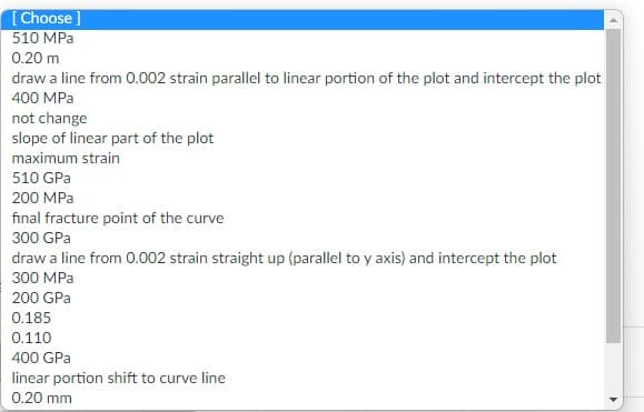 [Choose ]
510 MPa
0.20 m
draw a line from 0.002 strain parallel to linear portion of the plot and intercept the plot
400 MPa
not change
slope of linear part of the plot
maximum strain
510 GPa
200 MPa
final fracture point of the curve
300 GPa
draw a line from 0.002 strain straight up (parallel to y axis) and intercept the plot
300 MPa
200 GPa
0.185
0.110
400 GPa
linear portion shift to curve line
0.20 mm
4