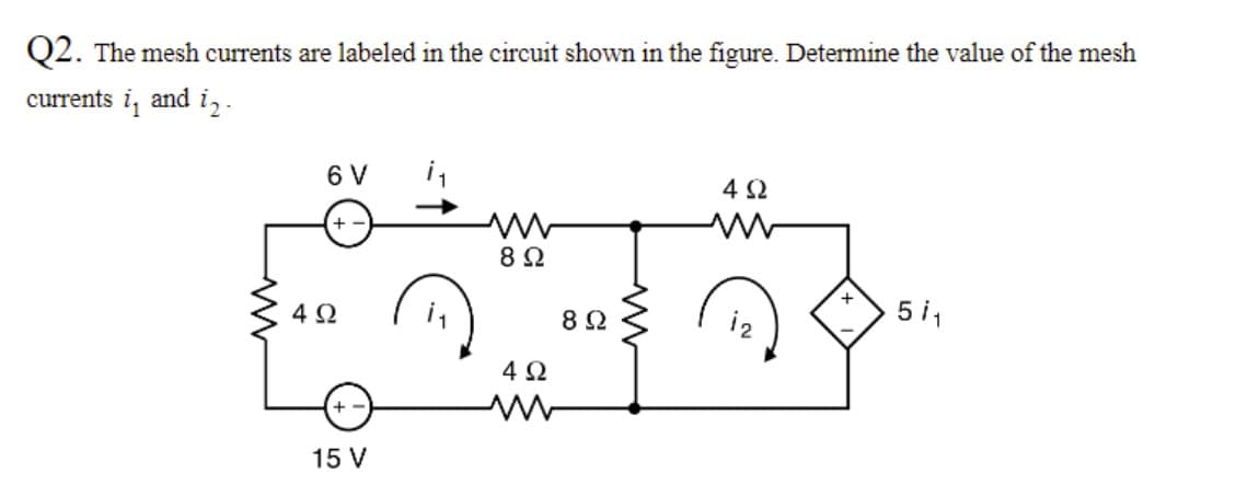 Q2. The mesh currents are labeled in the circuit shown in the figure. Determine the value of the mesh
currents i, and i,.
6 V
4 2
+ -
8Ω
4 2
8 2
5 i1
4 2
15 V
